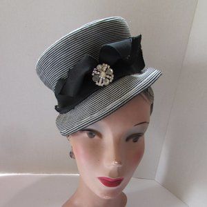 SALE Vintage 1940 Style Tilt Hat in Black White Striped New York Creations
